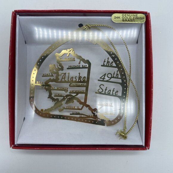 Alaska 49th State Map 24K Gold Finish Brass Christmas Ornament - Picture 2 of 5